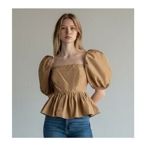 Cinq à Sept Puff Sleeve Peplum Top Tan Square Neck Blouse Small Feminine Chic